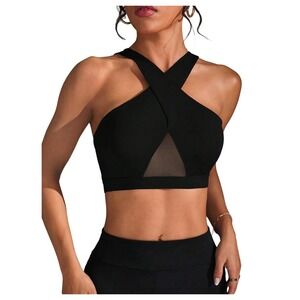 NWT SweatyRocks Criss Cross Mesh Sports Bra Yoga Crop Tank Black Medium